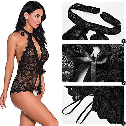 Umipubo Body de Mujer Tirantes Encaje de una Pieza Cuello Colgante Malla Transparente, S, Negro For Discount