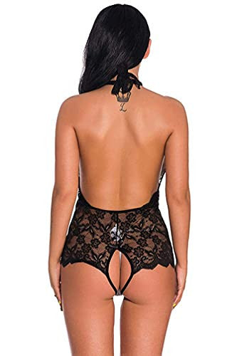 Umipubo Body de Mujer Tirantes Encaje de una Pieza Cuello Colgante Malla Transparente, S, Negro For Discount