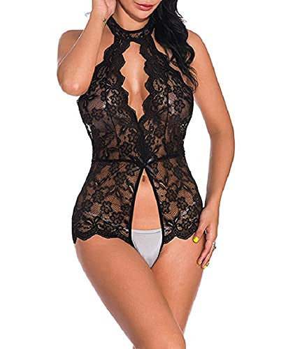 Umipubo Body de Mujer Tirantes Encaje de una Pieza Cuello Colgante Malla Transparente, S, Negro For Discount