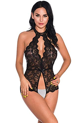 Umipubo Body de Mujer Tirantes Encaje de una Pieza Cuello Colgante Malla Transparente, S, Negro For Discount